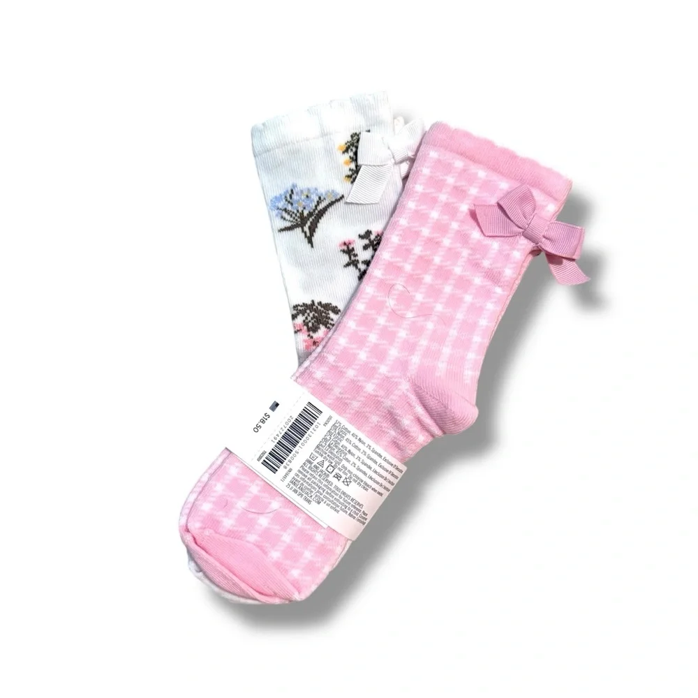 Janie and Jack NWT Girl‎ Socks 2-Pack Floral Gingham Size 2T-5 Pink Ivory Spring